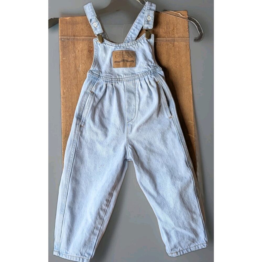 Vintage Baby GUESS Overalls Leather Patch Clip Size 2Y Y2K 90s 80s Denim